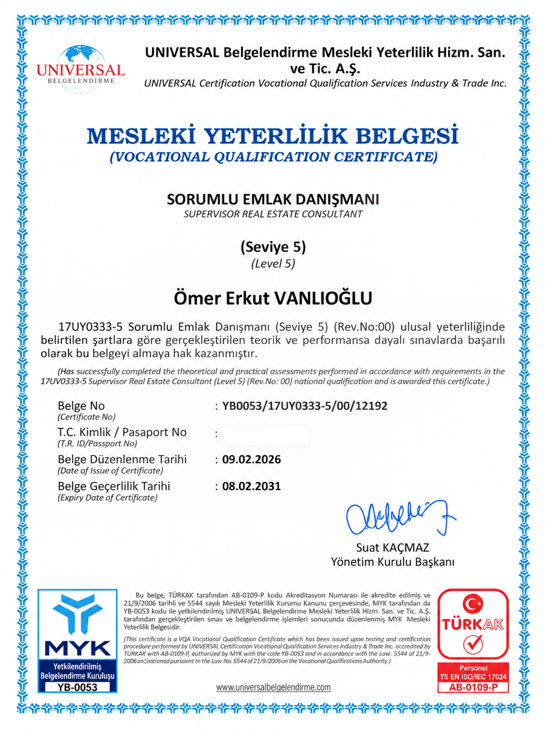 Professional qualification certificate for Bigist Invest's real estate consultancy services.